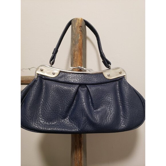 Navy Blue Top Handle Purse Pleated Vintage Purse - Picture 4 of 10